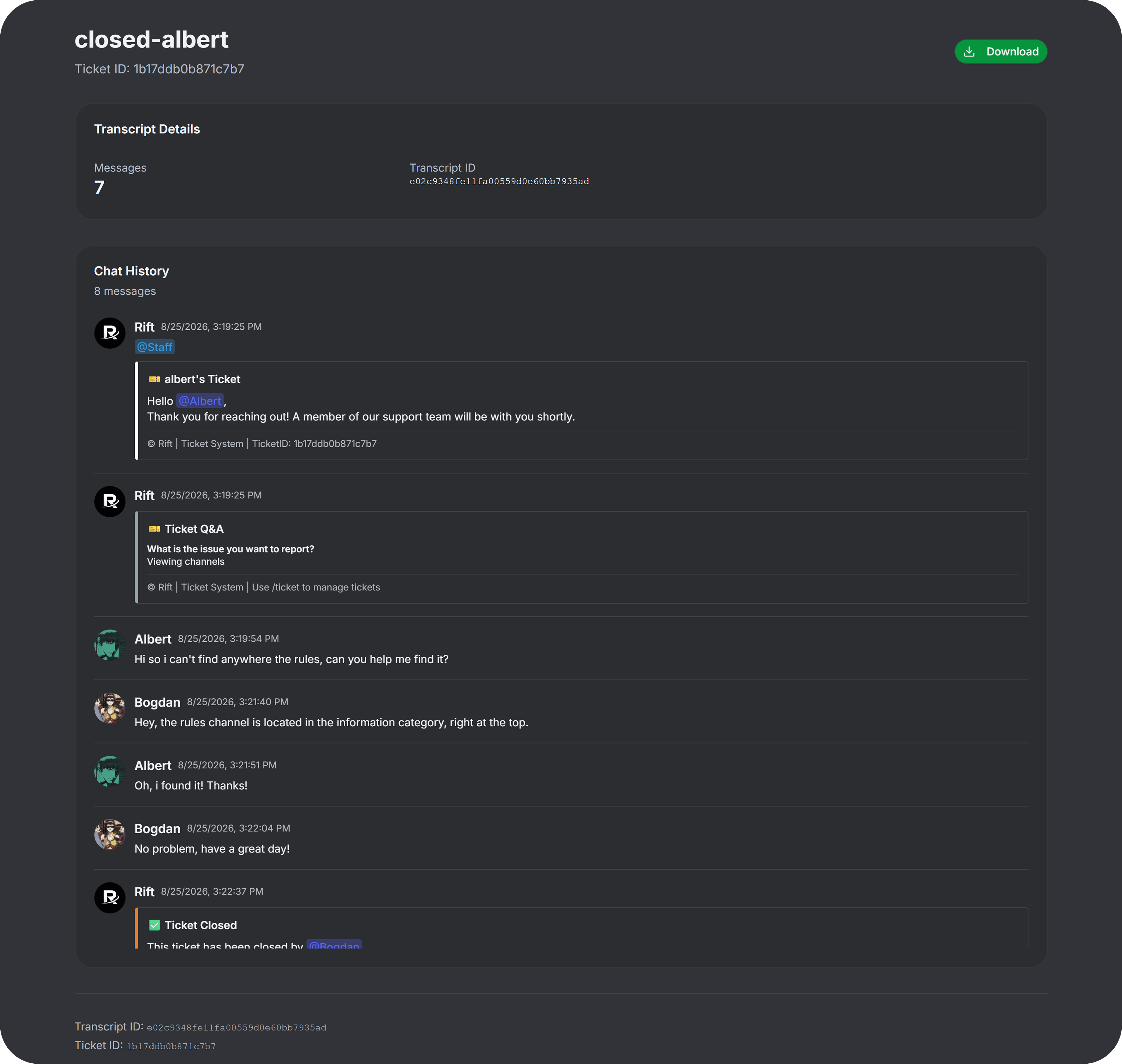 Discord ticket system and web transcript viewer